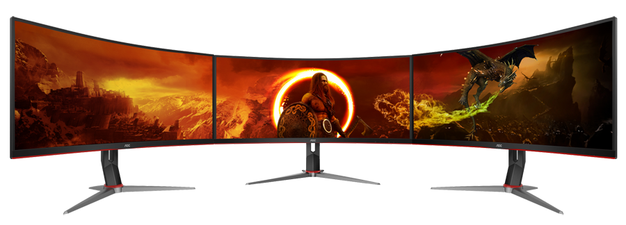 Three Gaming Monitor CQ34G2 are lined together to show a big game scene where a man is looking far away with a shield in his right hand.